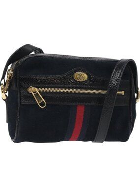 GUCCI Ofdea Sherry Line Shoulder Bag Suede Navy Gold 517350